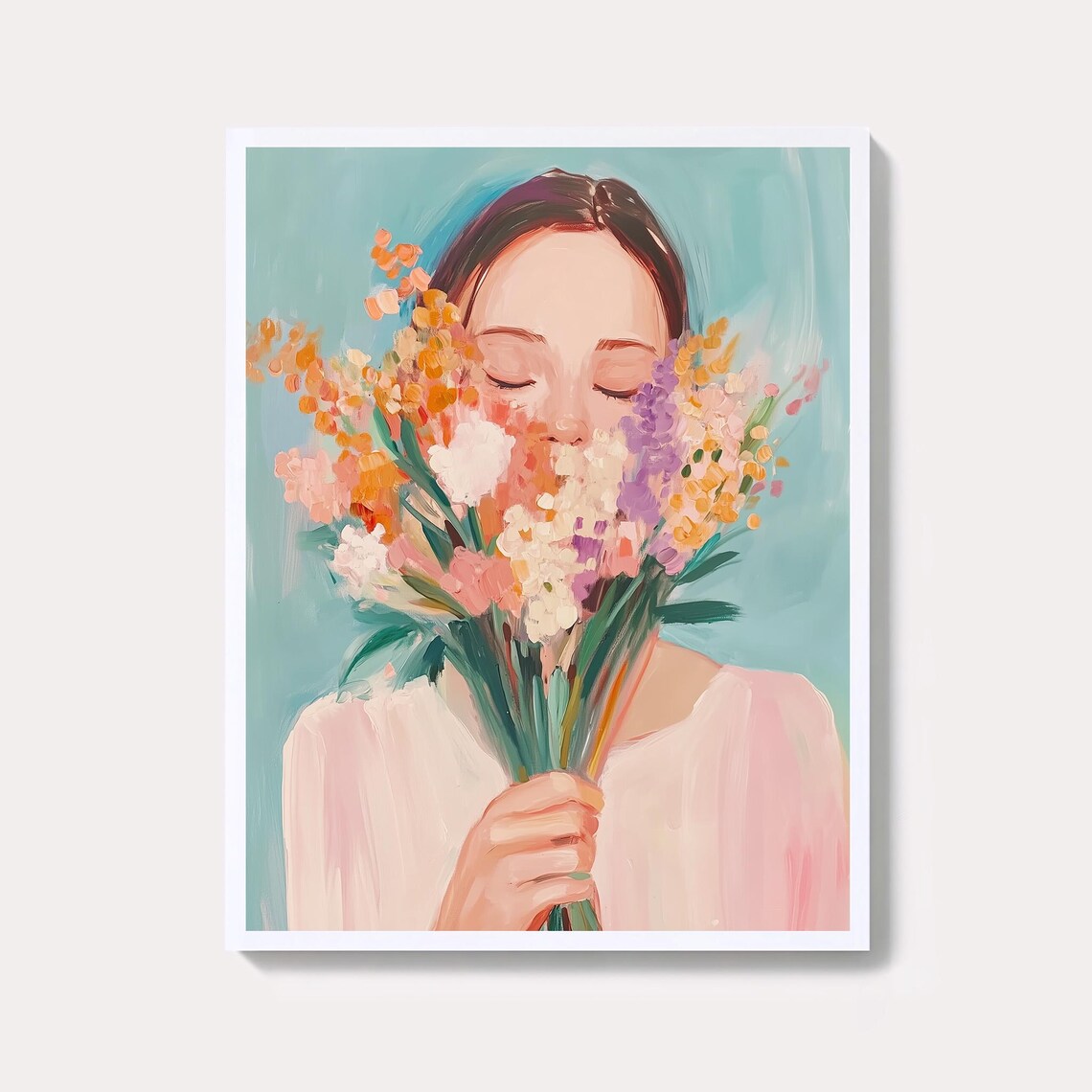 Woman With Wildflower Bouquet Pastel Floral Portrait Art Poster