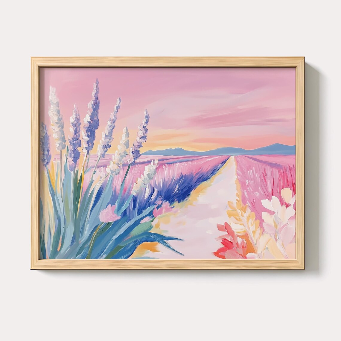 Lavender Field Sunset Pink Sky Dreamy Floral Landscape Wall Art