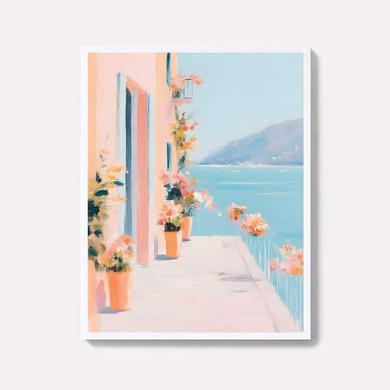 Pastel Seaside Terrace Flower Pots Ocean View Coastal Poster