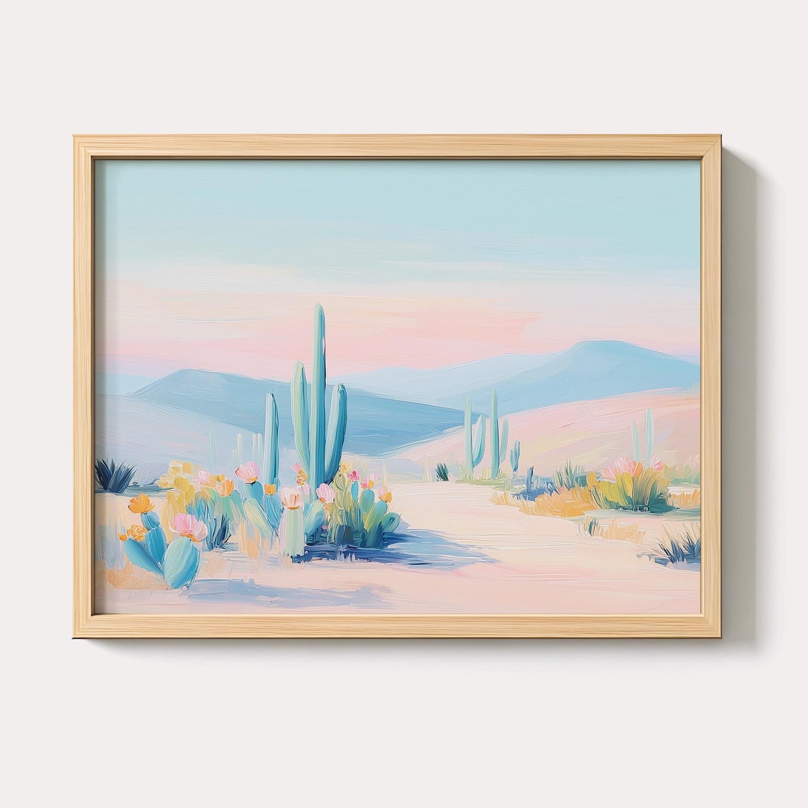 Blooming Cactus Desert Pastel Landscape Pink Sunrise Framed Poster