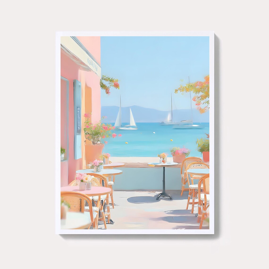 Pastel Seaside Cafe Terrace with Sailboats Coastal Scene Poster