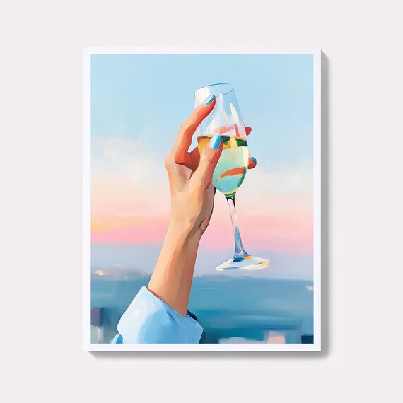 Hand Holding Champagne Glass Pastel Sunset Coastal Cheers Poster