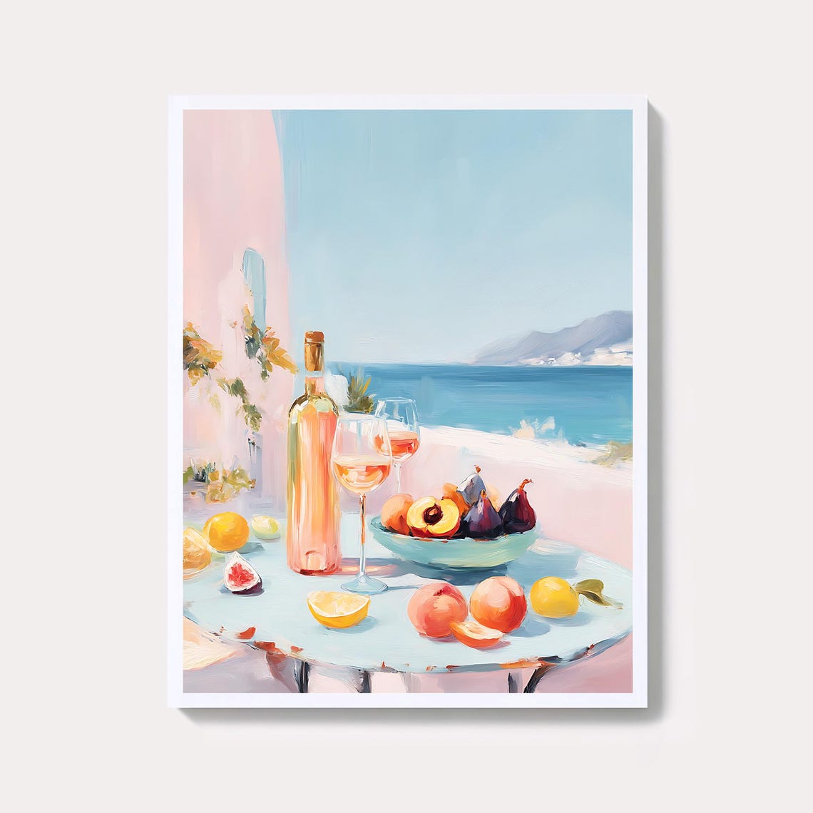 Seaside Wine and Fruit Still Life Pastel Mediterranean Art Poster