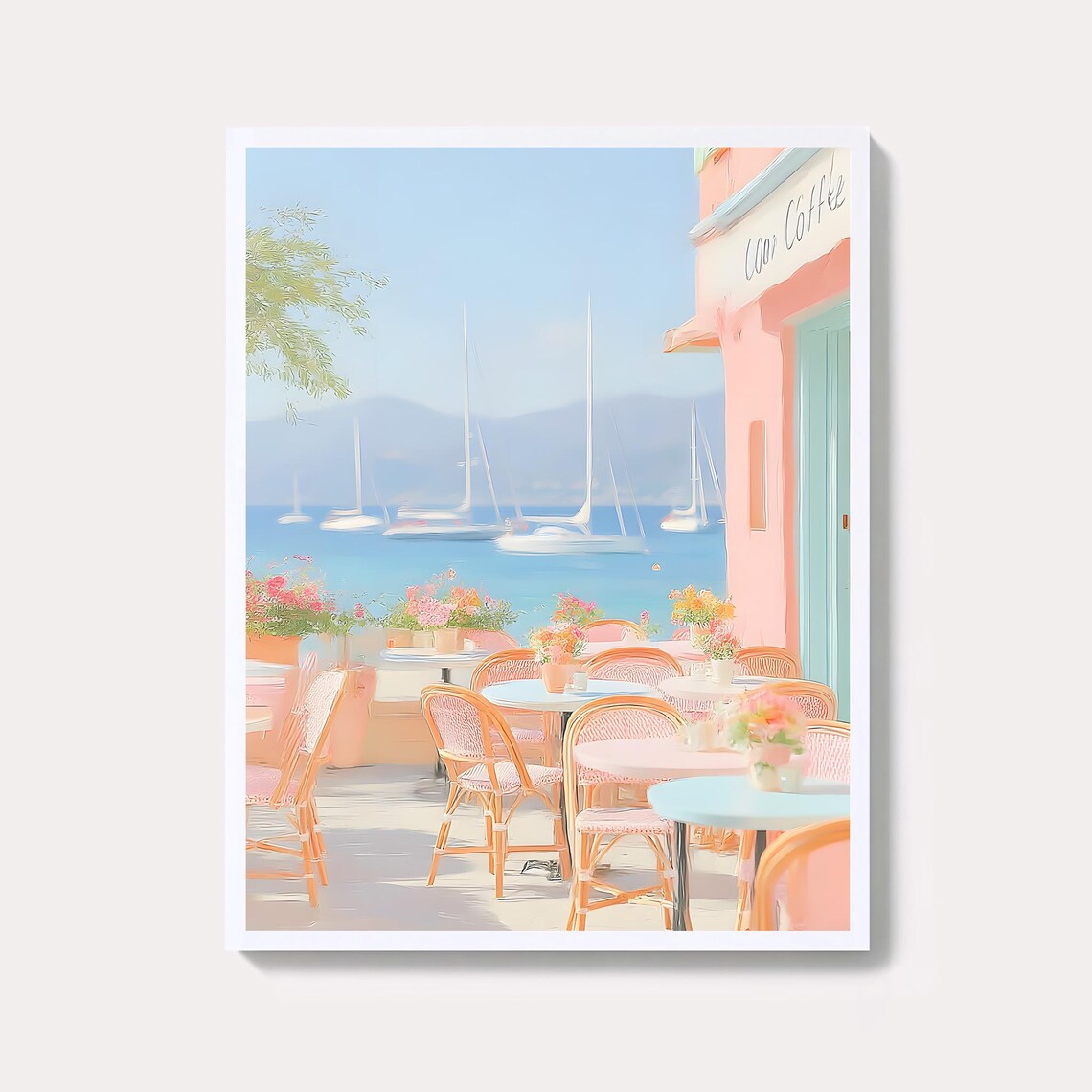 Pastel Coastal Cafe Seaside Terrace Sailboats Summer Wall Art