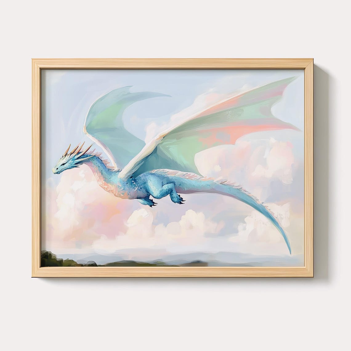 Pastel Blue Dragon Flying Through Clouds Fantasy Watercolor Wall Art