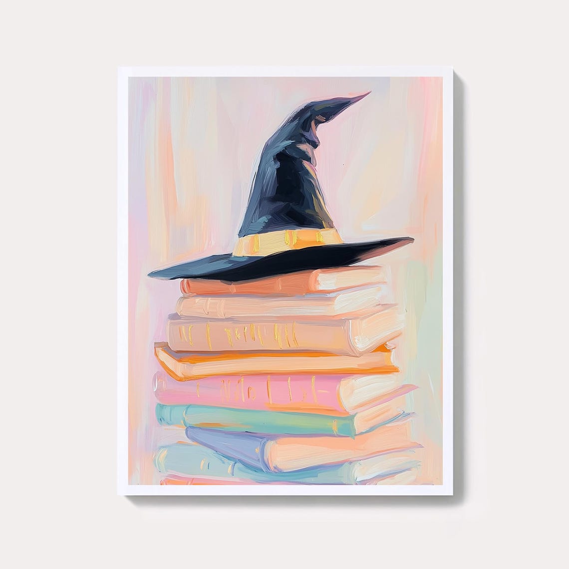 Witch Hat on Pastel Books Stack Whimsical Halloween Art Poster