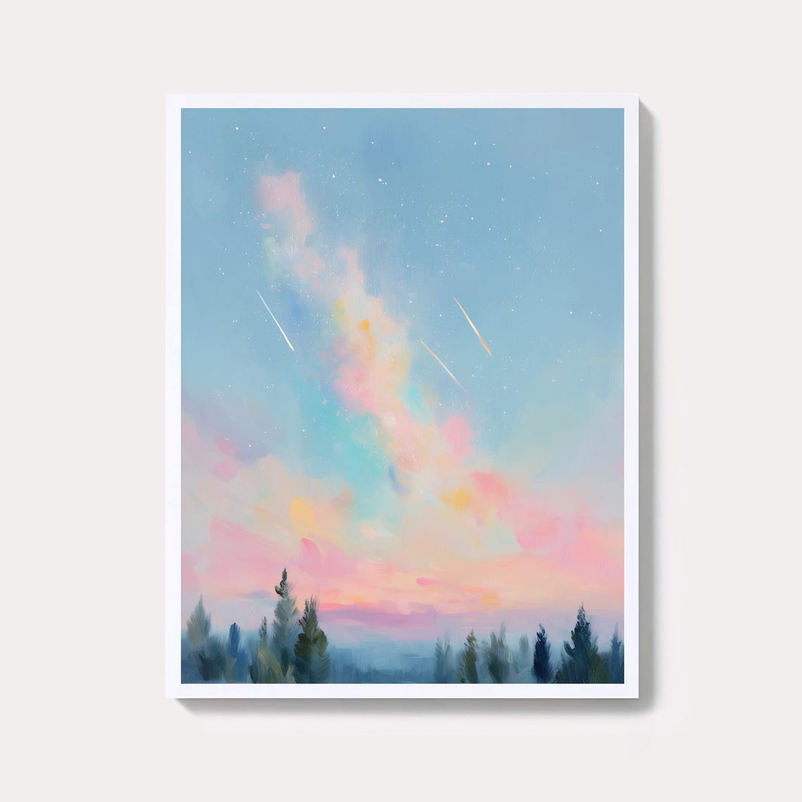 Pastel Milky Way With Shooting Stars Over Pine Trees Night Poster