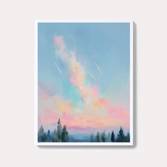 Dreamy Starry Night Sky Painting Pastel Sunset Wall Art Print Celestial Landscape