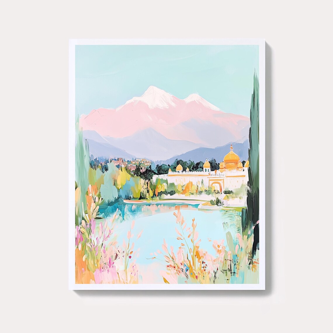 Golden Temple Amritsar Pastel Lake Mountain Travel Landmark Poster