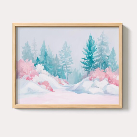 Dreamy Pastel Winter Forest With Teal Pines Snowy Landscape Poster