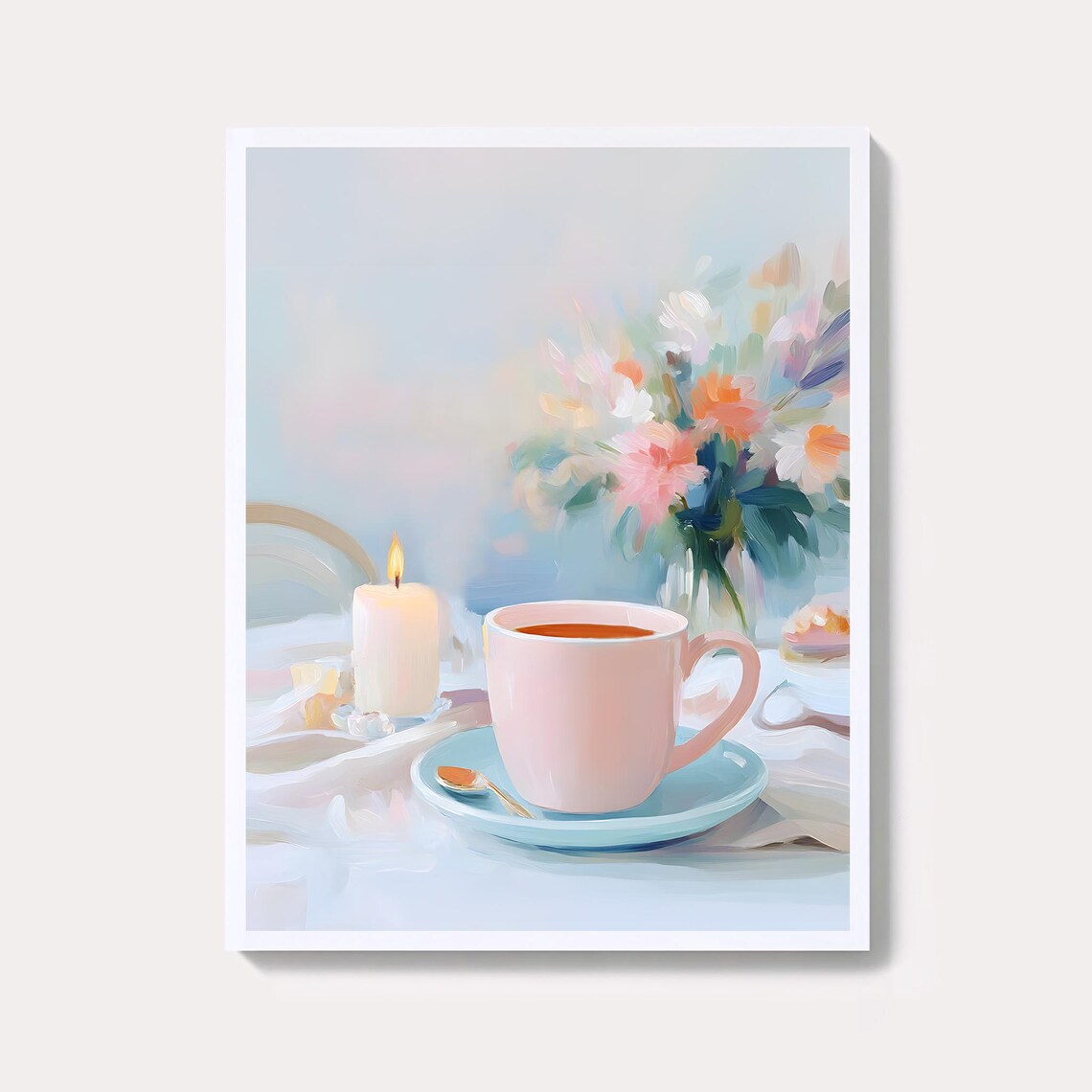 Pink Coffee Cup Pastel Painting Cozy Morning Candle Floral Poster