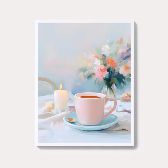 Pink Coffee Cup Pastel Painting Cozy Morning Candle Floral Poster
