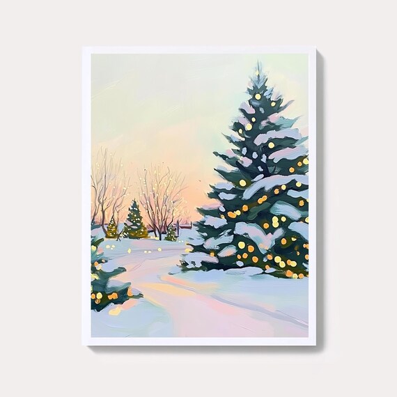 Snowy Pink Christmas Tree Winter Wonderland Sunset Path Poster