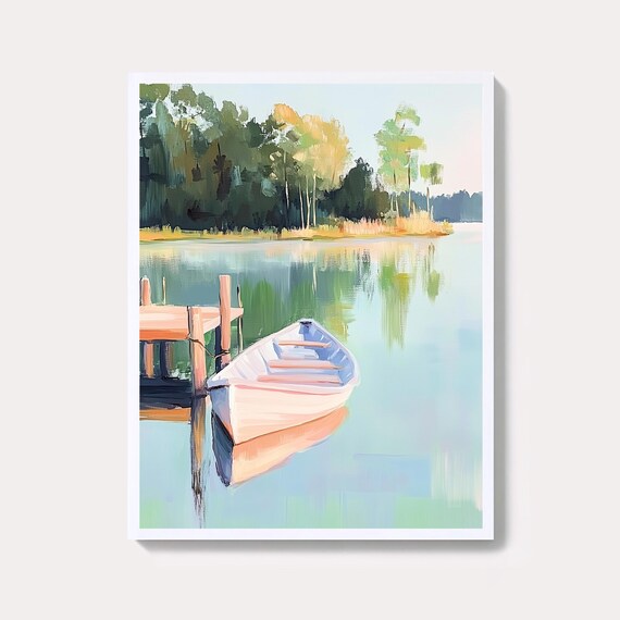 White Rowboat At Wooden Dock On Calm Mirror Lake Pastel Wall Art