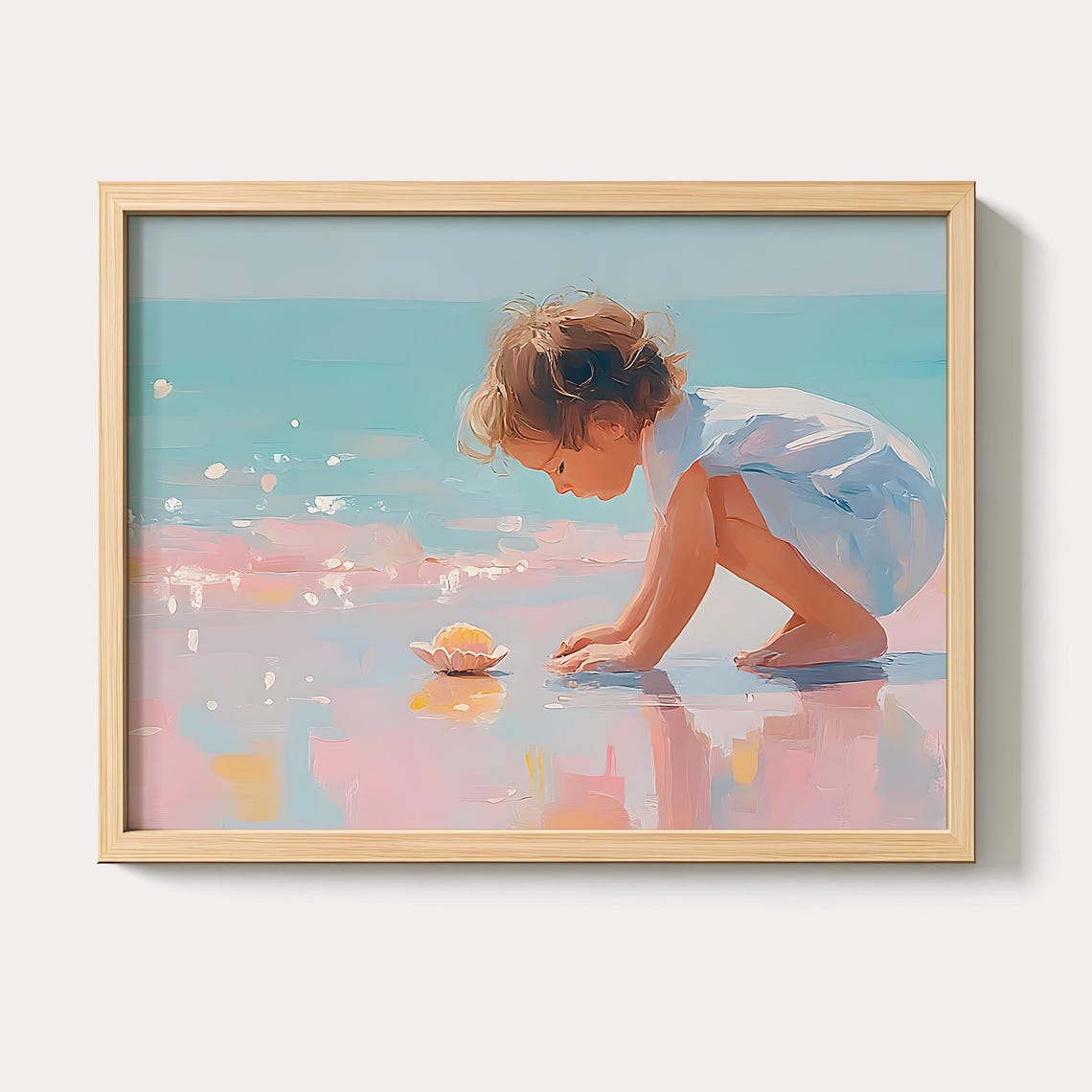 Little Boy Discovering Seashell At The Beach Pastel Childhood Poster