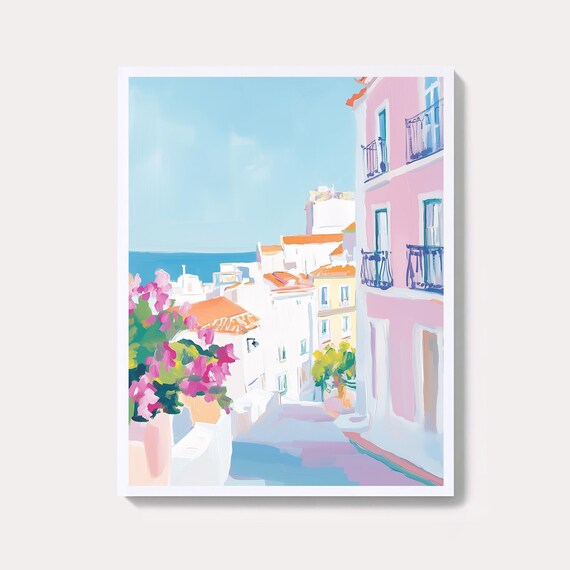 Lisbon Pastel Cityscape Street Portugal Coastal Town Art Poster