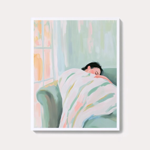 Woman Napping on Green Sofa in Pastel Cozy Bedroom Art Poster