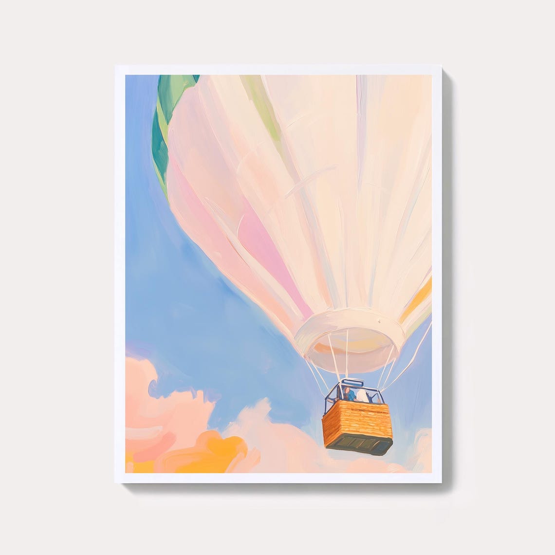 Pastel Hot Air Balloon Floating Through Dreamy Pink Clouds Poster