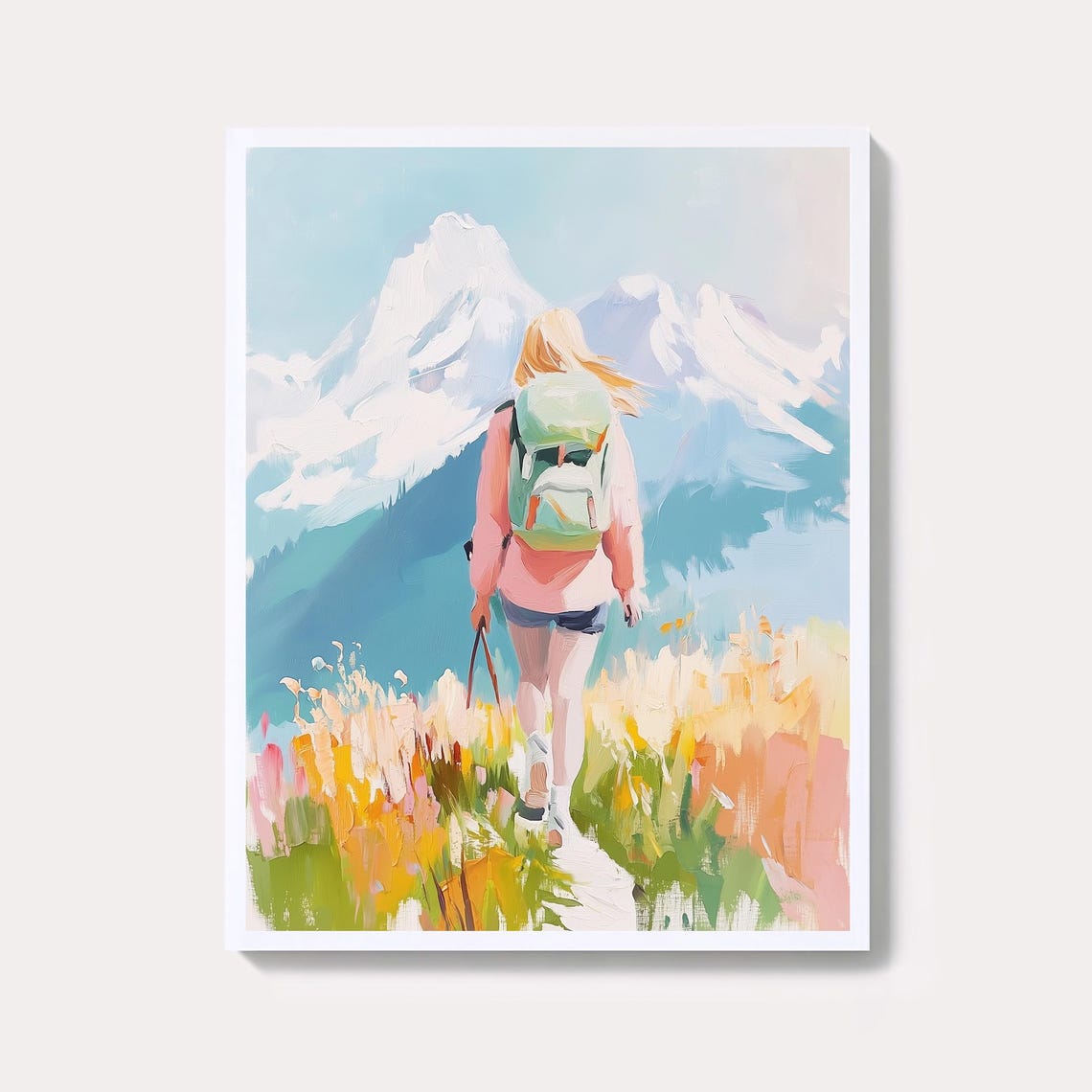 Watercolor Hiking Art Print Mountain Adventure Pastel Nature