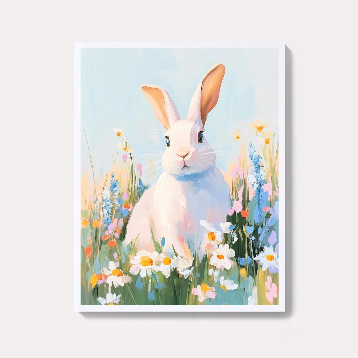 Sweet Pastel Bunny in Wildflower Meadow Spring Nursery Art Poster
