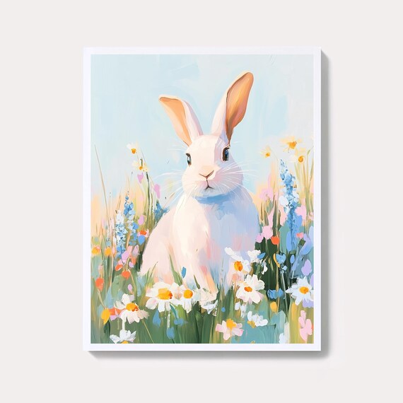 Pastel Bunny Floral Watercolor Print Spring Wall Art
