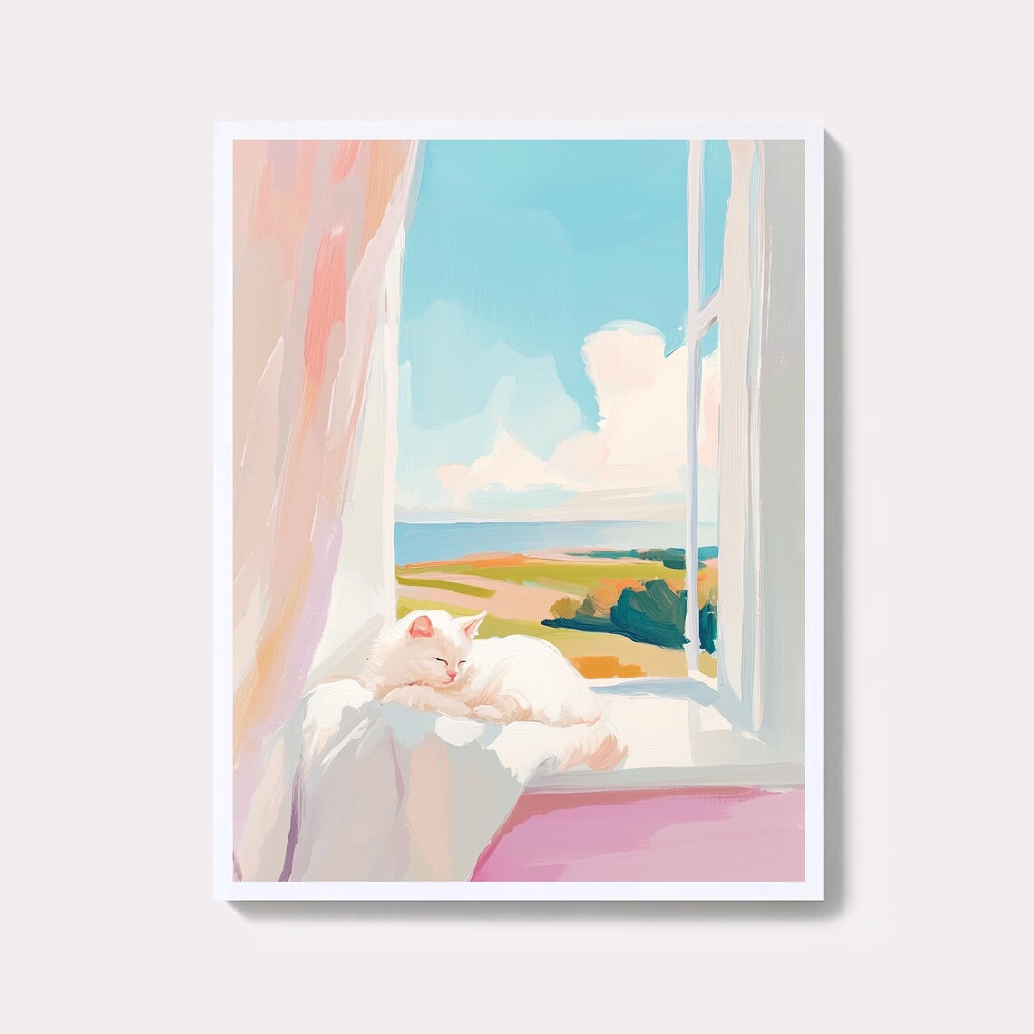 White Cat Sleeping on Sunny Windowsill Overlooking the Sea Pastel Poster