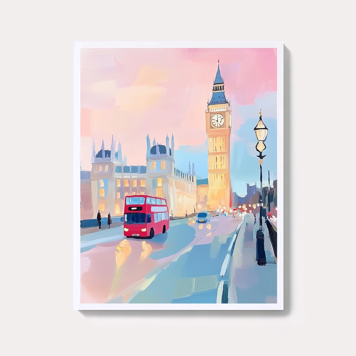 London Big Ben And Red Bus Pastel UK Street Watercolor Poster