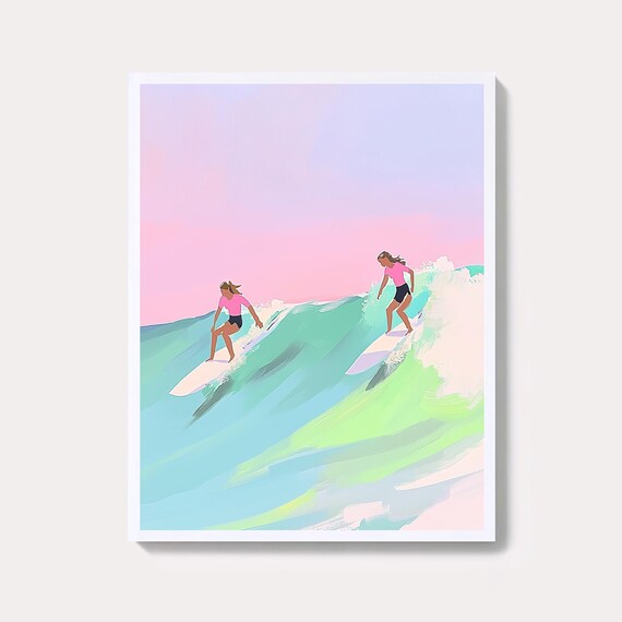 Two Surfer Girls Riding a Pastel Wave Coastal Surfing Poster