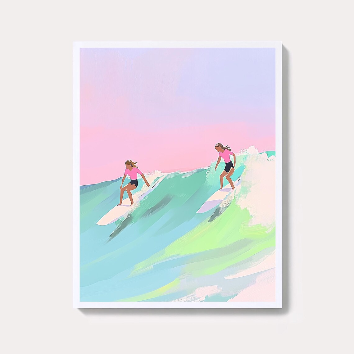 Two Surfer Girls Riding a Pastel Wave Coastal Surfing Poster