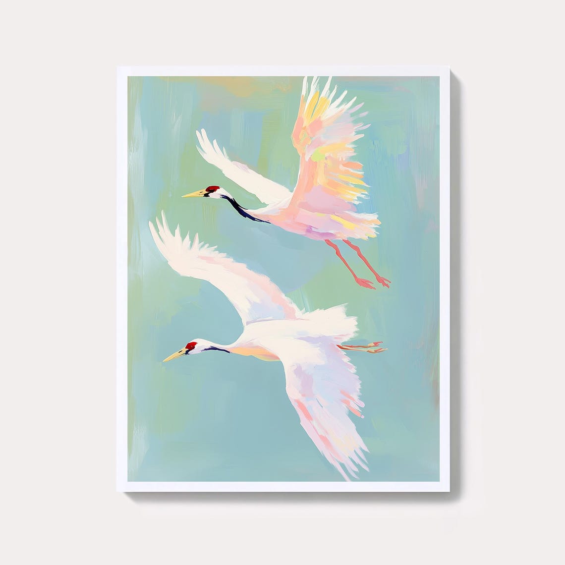 Two White Cranes in Flight Pastel Mint Green Painting Poster