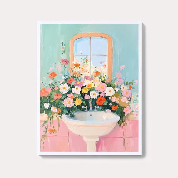 Floral Bathroom Sink With Pink Tiles And Sunny Window Art Poster