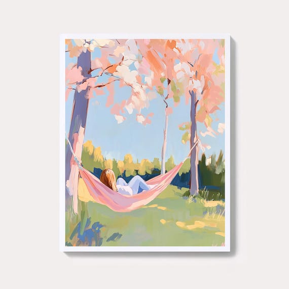 Hammock Between Pines Painting Serene Forest Landscape Wall Art Print Tranquil Nature