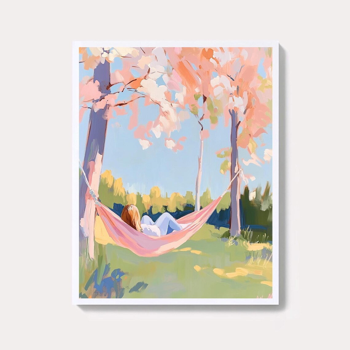 Woman Resting In Pink Hammock Between Pine Trees Pastel Wall Art