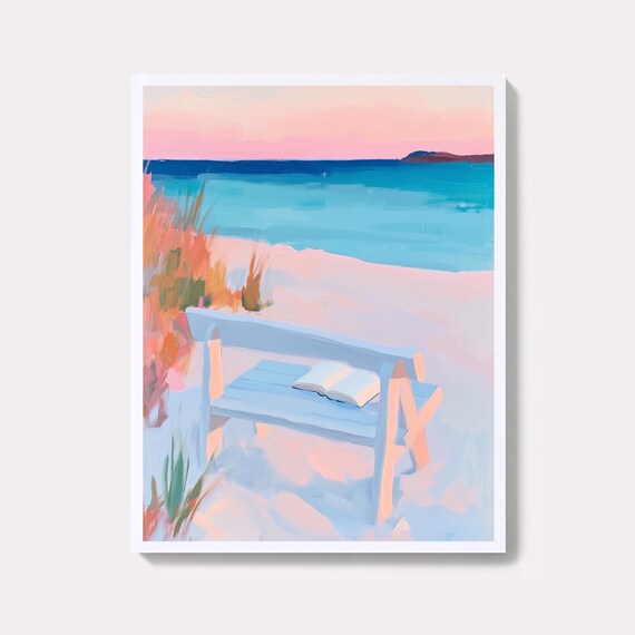 Wooden Beach Bench With Open Book Facing Pastel Sunset Sea Poster