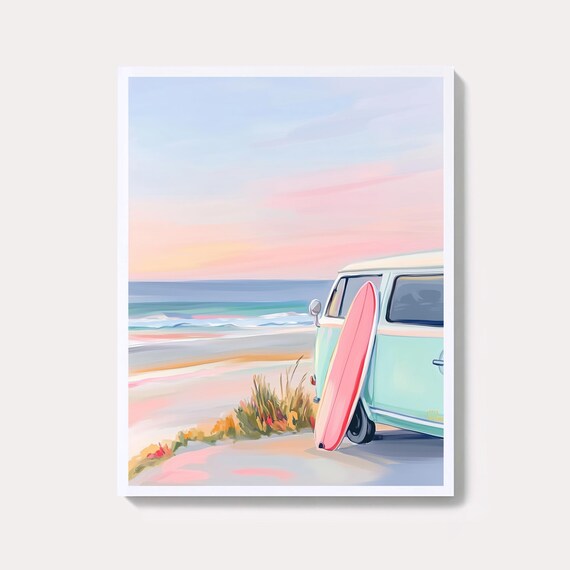 Pastel Camper Van With Pink Surfboard At Sunset Beach Art Poster