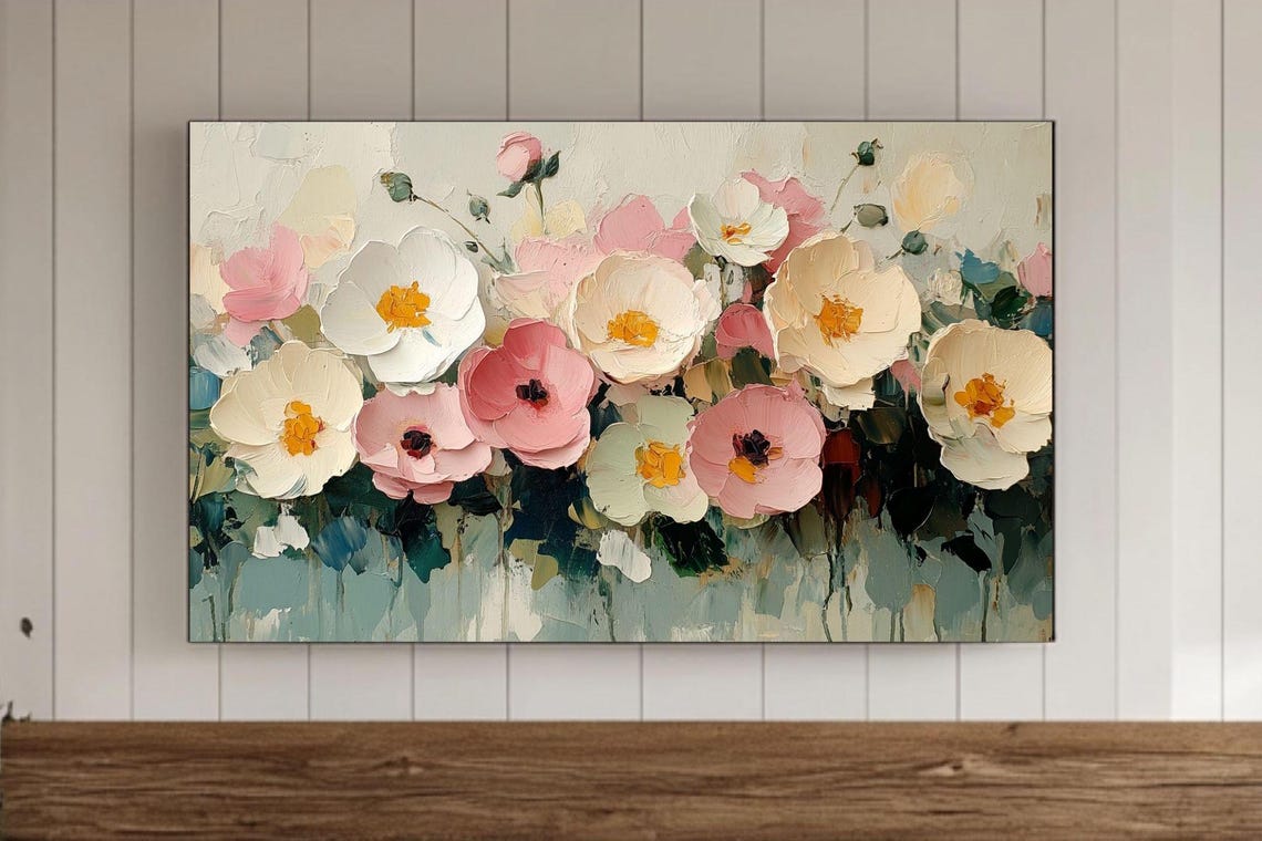Pink White Anemone Flowers Thick Impasto Floral Painting Poster