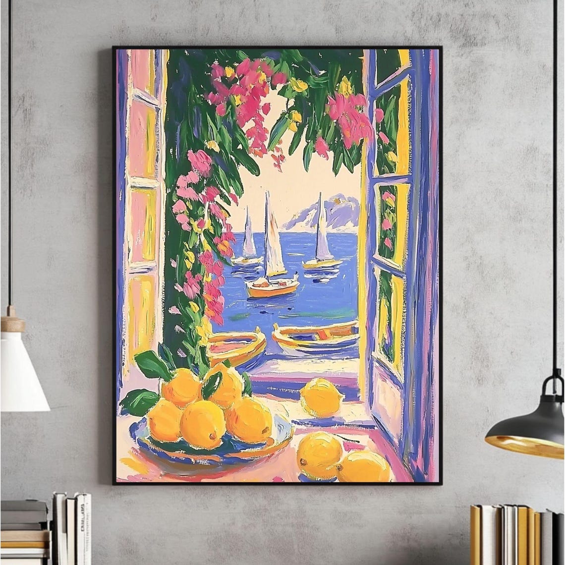 Mediterranean Open Window View with Sailboats and Lemons Poster