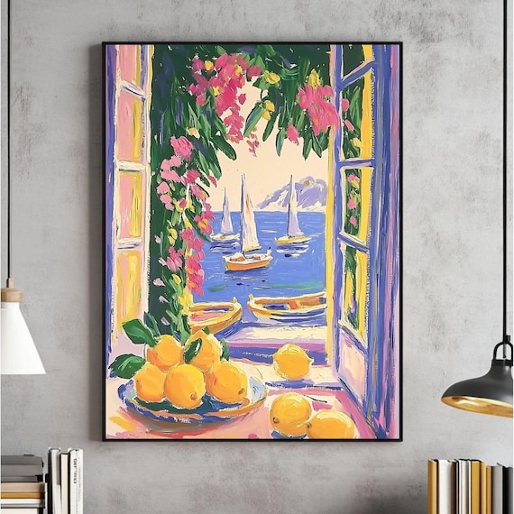 Mediterranean Open Window View with Sailboats and Lemons Poster