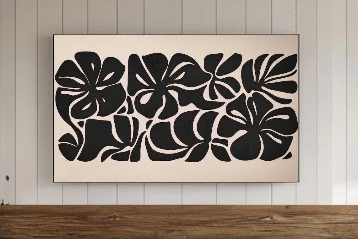 Black Botanical Floral Shapes On Beige Japandi Style Wall Art