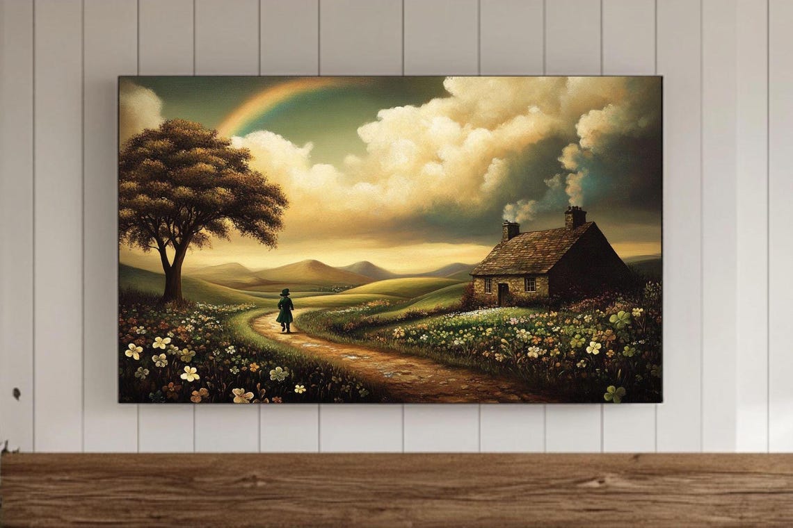 Rainbow Over Irish Countryside Cottage Shamrock Fields Poster