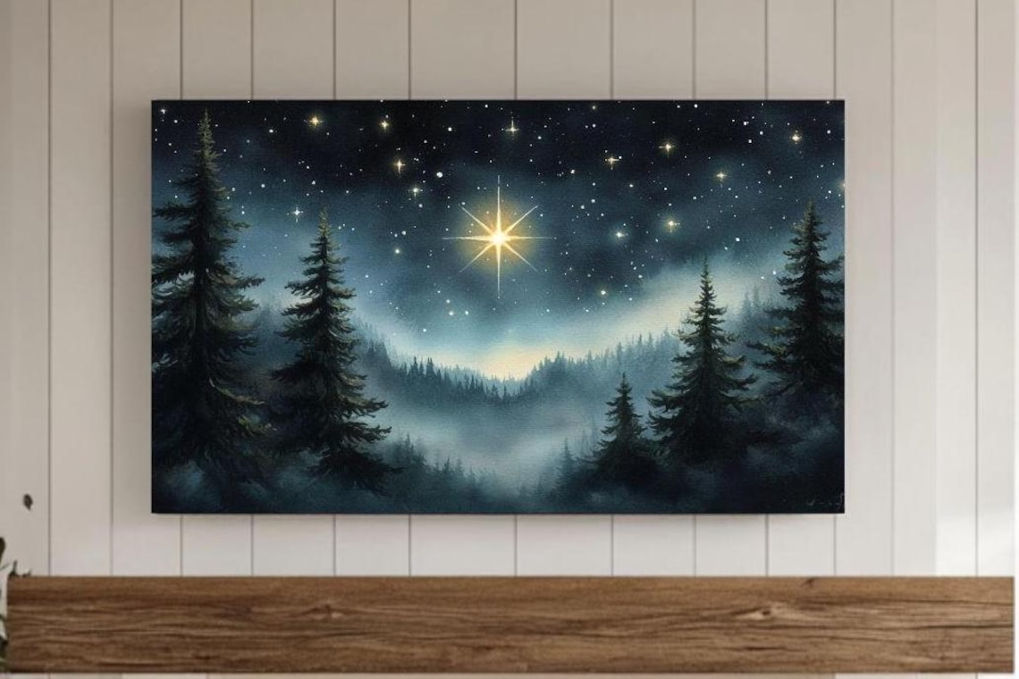 Nativity Star Over Pine Forest Night Christmas Painting Poster