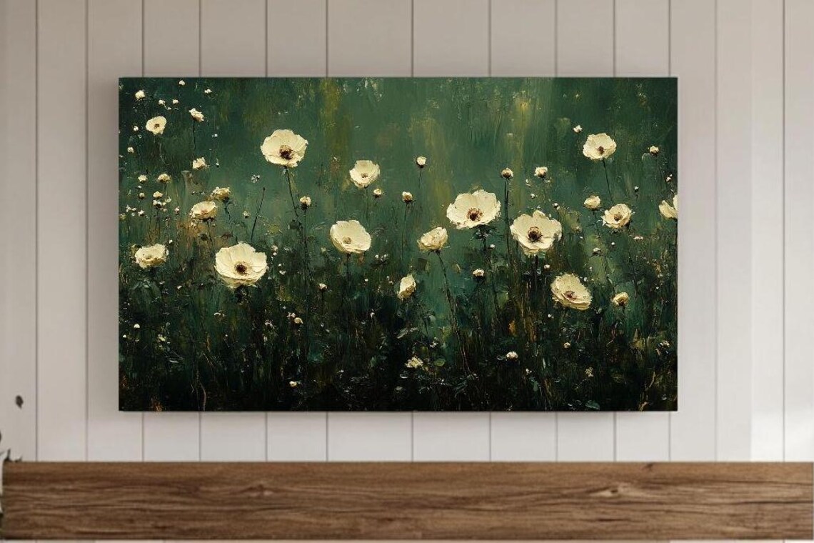 White Cosmos Flowers Dark Green Night Garden Botanical Poster