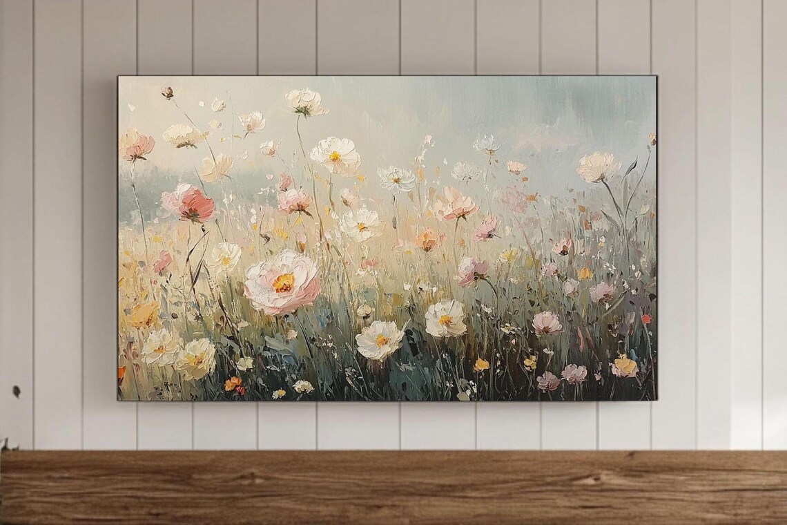 Textured Summer Wildflower Field Pink Blossoms Oil Painting Poster