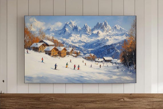 Skiing Holiday Frame Tv Wall Art Colorful Skiers Winter In Snowy Mountains Vintage Style Painting Swiss Alps