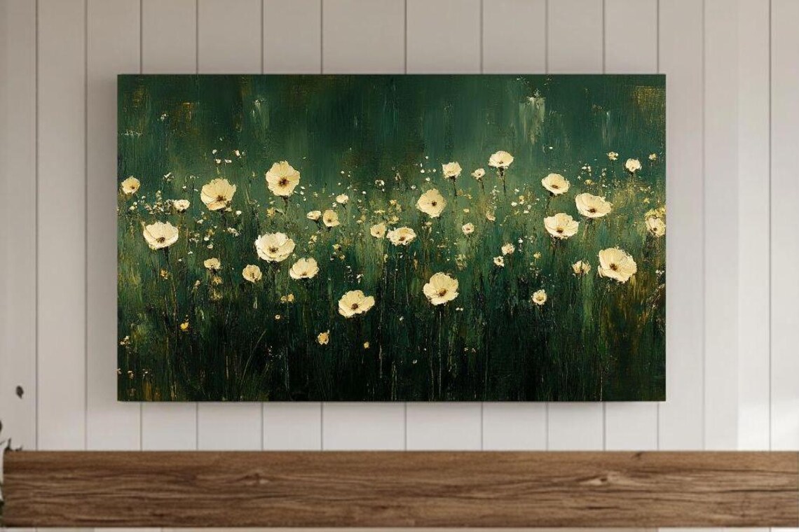 White Poppies in a Green Meadow Floral Landscape Painting Poster