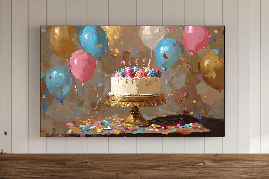 Birthday Cake Balloons Confetti Celebration Oil Painting Poster
