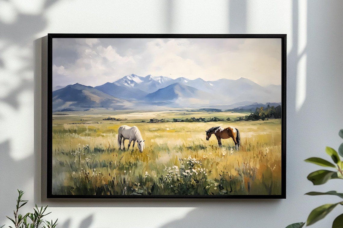 Grazing Horses In Wide Golden Valley With Distant Mountains Poster