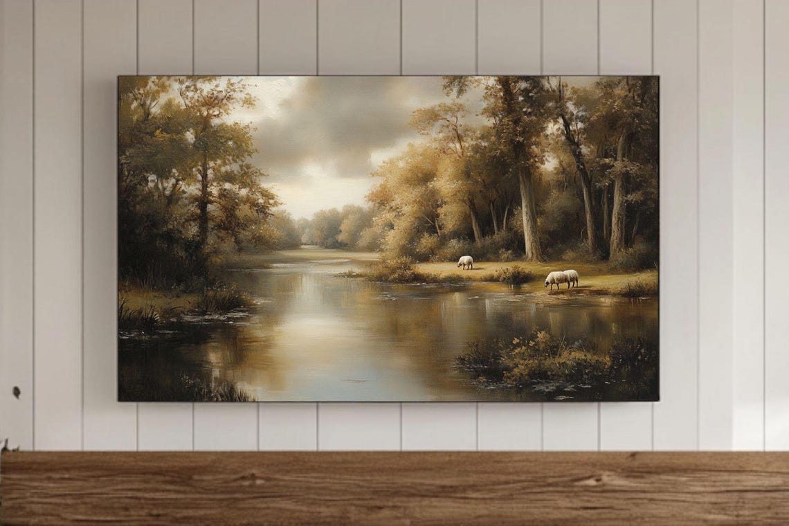 Sheep Drinking at the River Cloudy Sky Landscape Painting Poster