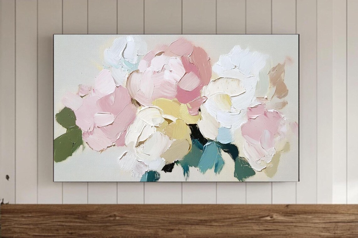 Pastel Peony Blooms Soft Pink White Yellow Floral Canvas Poster