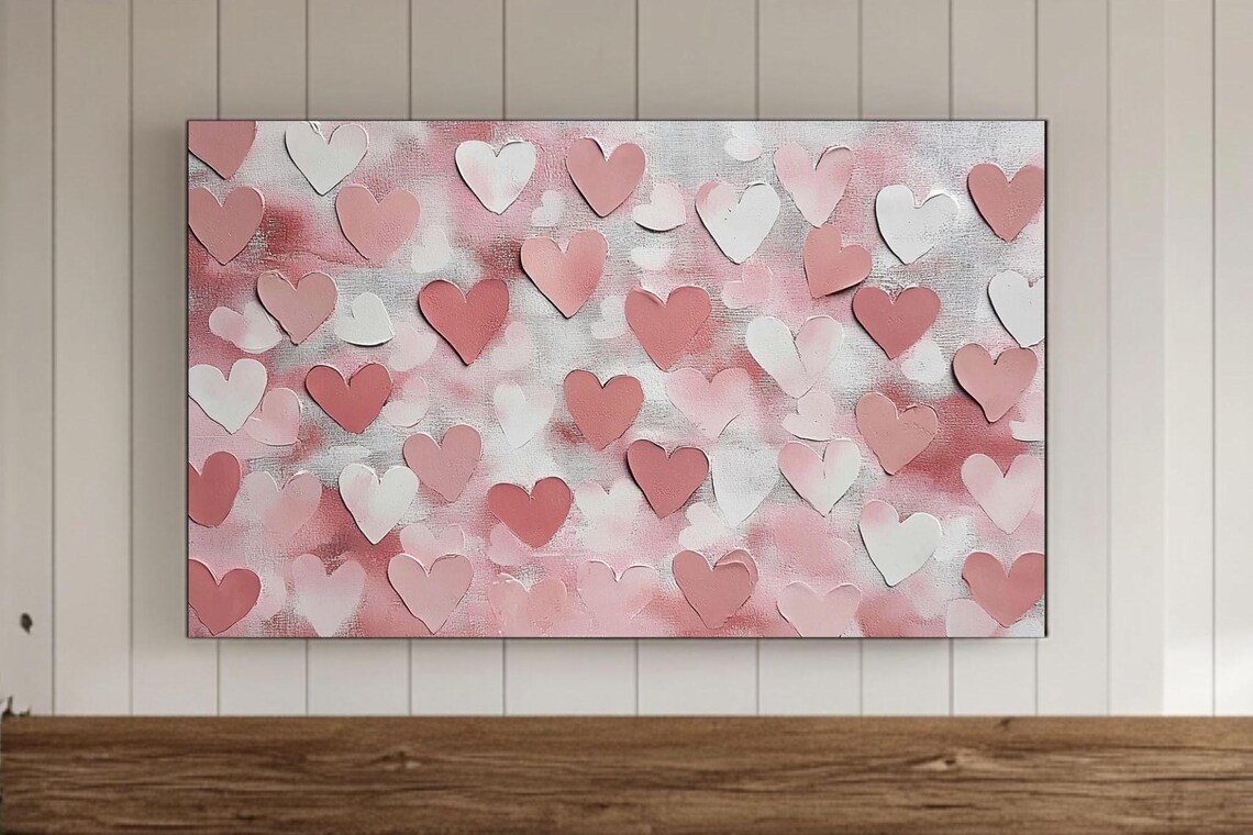 Pink Red White Watercolor Hearts Scattered Valentine Romance Wall Art